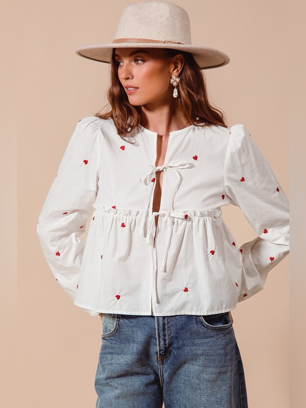 SO ME Front Tie Heart Embroidered Blouse With Puff Sleeve - Picture 8 of 11